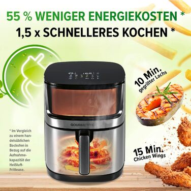 Gourmetmaxx 4-in-1 Digital Air Fryer | Powerful Air Fryer 2200 W | Low-Fat + Energy-Saving Frying with Touch Display & Timer Function - 7.5L | [Includes 10 Programs] Stainless Steel / Black 7.5 Liters