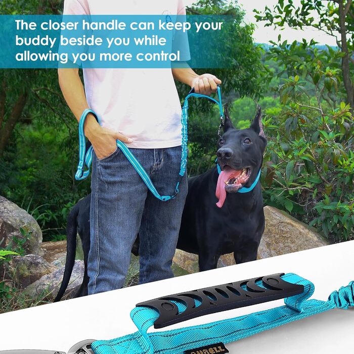 Тактична повідок для собак AUBELL, міцна, світловідбиваюча, без натягу, з амортизатором, для середніх та великих собак, з м'якою ручкою, страхувальний ремінь для авто, поворот на 360°, зелений (M-L, синій)