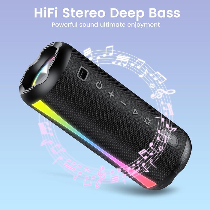 Bluetooth колонка 2026 з RGB підсвіткою, портативна, водонепроникна IPX7, з мікрофоном, для дому, саду та подорожей - антрацит