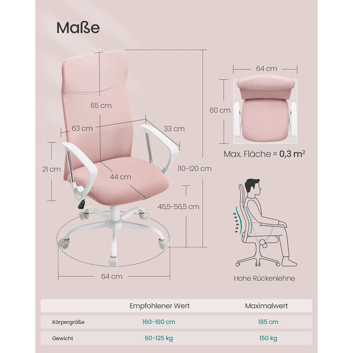 Офісний стілець SONGMICS, ергономічний, регульований, до 100 кг, Bonbonrosa (рожевий)