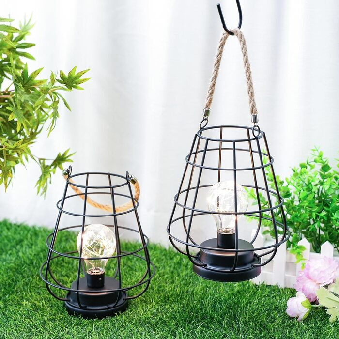 JHY DESIGN Набір з 2 декоративних настільних ламп-ліхтариків у стилі ретро, 22 см, на батарейках, LED Едісон, чорний колір