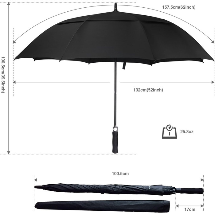Стійкий до вітру парасолька-тростина XL/XXL, автоматична, з подвійним вентиляційним отвором - високоякісна для жінок та чоловіків, ідеальна як гольф-парасолька, чорна, 62 дюйми (157 см)