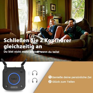 1Mii B06TX Bluetooth 5.2 Передавач для ТВ з aptX HD та низькою затримкою, велика дальність дії, аудіоадаптер для 2 навушників або динаміків, 3,5mm AUX/Оптичний/Коаксіальний вихід, регулювання гучності