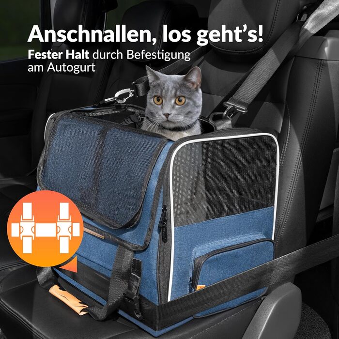 Транспортна переноска для котів до 20 кг, складна, з сонце- та водонепроникним дахом, плечовим ременем та мискою, дихаюча, комфортна, з обертовим подушкою, переноска для котів/собак, авто (блакитна)