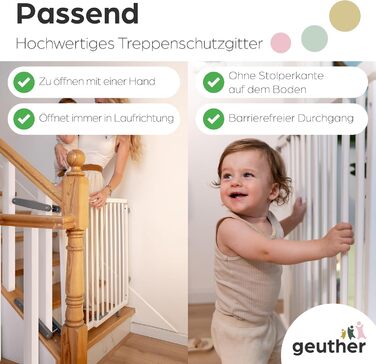 Захист для сходів Geuther Oris | Дверний захист для сходів з кріпленням, 2 клямки для поручнів, ширина | Стабільний захист з розпадною дверцятами | Дерев'яне дитяче гiтер, натуральний лак (білий, 95-135 см)