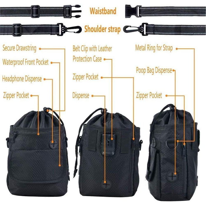 Водонепроникна сумка для ласощів для собак Hanwell з інтегрованим дозатором пакетів для екскрементів, сумка для дресирування собак на стегні та на плечі, чорна