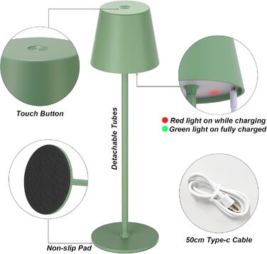 Набір з 2 бездротових настільних ламп LED з акумулятором, сенсорне регулювання яскравості, 3 режими кольору, USB-C зарядка для спальні, столу, кемпінгу (Чорний)