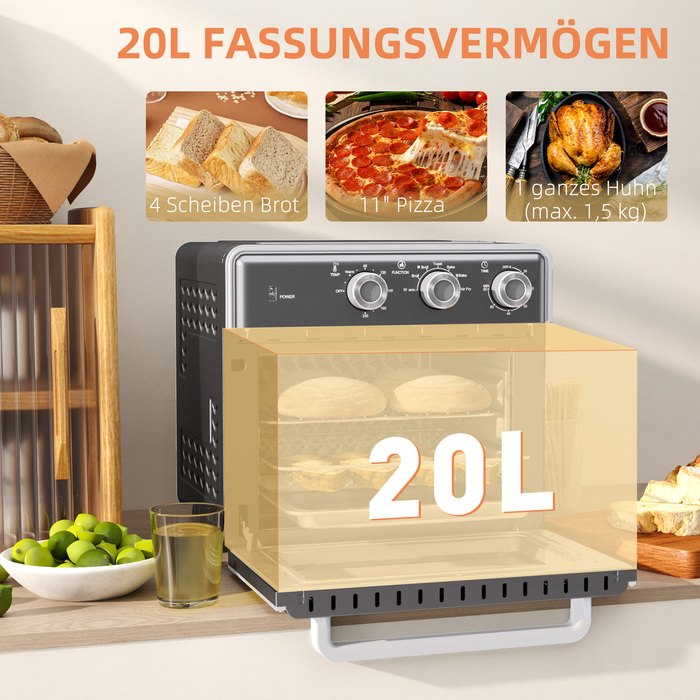 HOMCOM 20L Convection Mini Oven with Baking Tray, Grill Rack, and Crumb Tray, 90°C-230°C Air Fryer with 5 Modes, Frying Basket, 60 Min. Timer, 1400W, Metal | Aosom