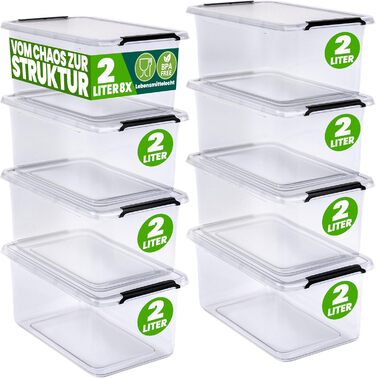 Deuba® 10x Storage Box with Lid - Plastic Boxes, Food Safe, BPA Free, Small, Snap Closure, Transparent, Stackable, Kitchen, Bedroom (2L, 8-Piece Set)