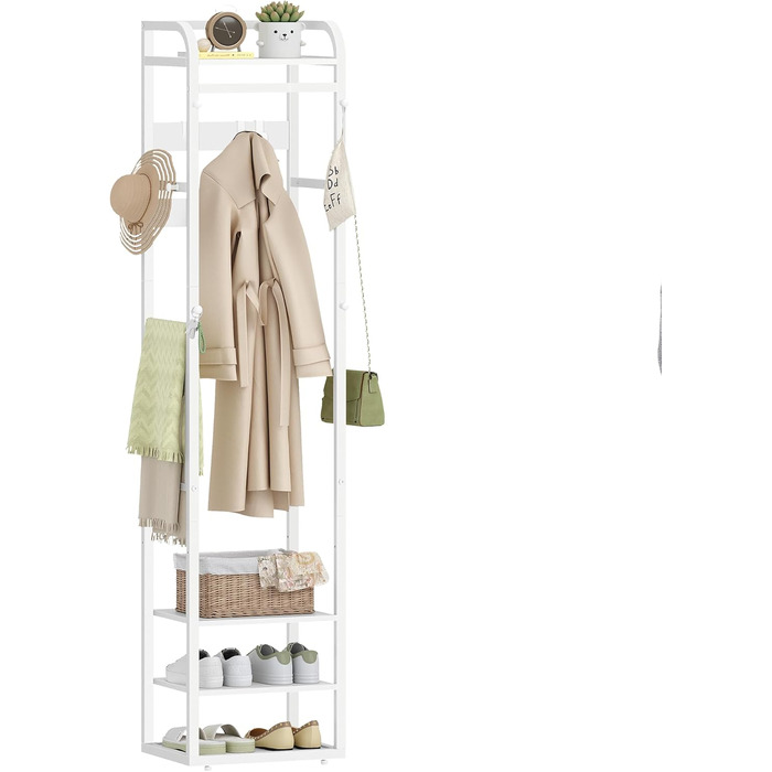 Настінна вішалка для одягу з 4 полицями та 13 гачками, 30 x 40 x 186 см, біла