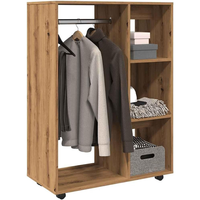 vidaXL Wardrobe with Open Compartment, 3 Side Shelves, Wheels, Coat Rack, Wardrobe, Bedroom, Closet, White 80x40x110cm Wood-Based Material (Handcrafted Oak)