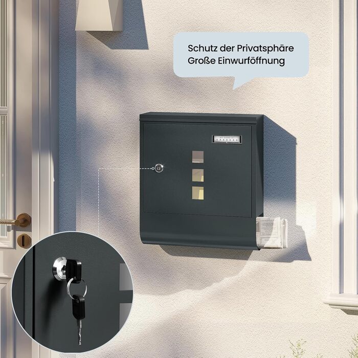 Поштовий ящик WOLTU з газетницею та вікном для імені, замиканий, 2 ключі, антрацит, 30.5x33.5x9 см