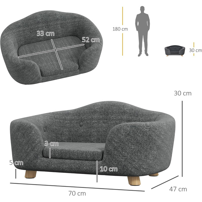 PawHut лежанка для собак та котів з подушкою, кишенею та м'яким наповнювачем, 70 x 47 x 30 см, темно-сірий/світло-сірий