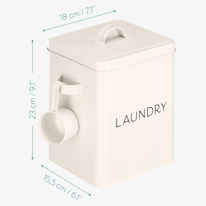 Navaris Laundry Detergent Box with Measuring Spoon - Metal Storage Box for Laundry Detergent - Laundry Dose Lid - Vintage Washing Powder Box Container - white