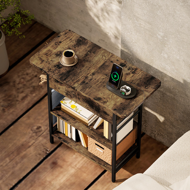 HOMCOM Bedside Table with Power Strip, 2 Tiers, USB Ports, and Storage - Rustic Brown (60 x 29.8 x 58.5 cm)