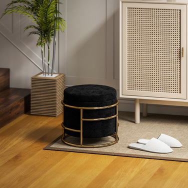 HOMCOM Storage Ottoman, Upholstered Footrest with Metal Frame, Gold Accents, Black