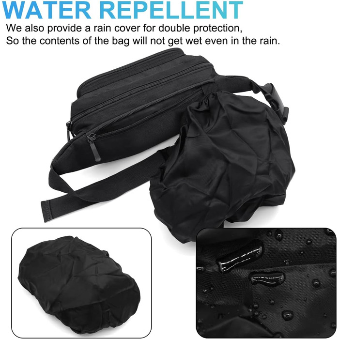 Чоловіча/жіноча поясна сумка-бананка з дощовиком, велика, з нейлону, 5 відділень на блискавці, для туризму, спорту, прогулянок з собакою (Чорна)