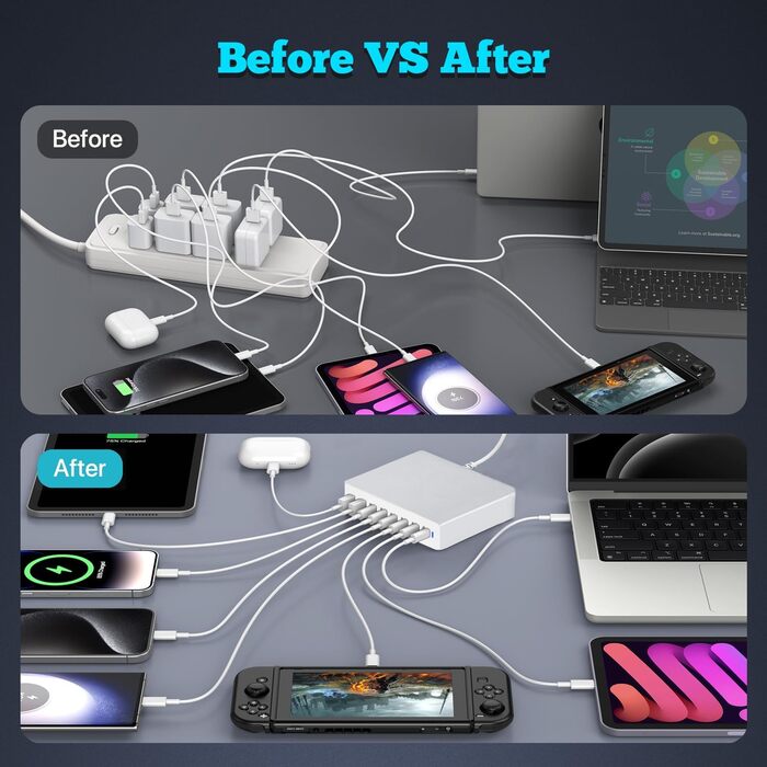 Зарядний пристрій USB-C 210W, багатопортовий (6x USB-C + 2x USB-A) PD 3.0 для iPhone, MacBook, Samsung Galaxy, планшетів - сріблястий