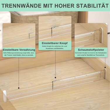 FUNIZE Adjustable Drawer Dividers with Inserts, 8 Piece, 32-58cm Long Dividers with 16 Piece 9-18cm Inserts, Expandable Drawer Organizer for Kitchen, Bedroom, Office Storage