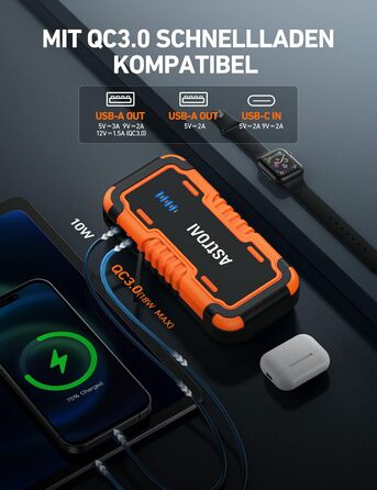 Powerbank AstroAI P10 для авто: пусковий пристрій, 10L бензин/8L дизель, 12V, LED, Orange