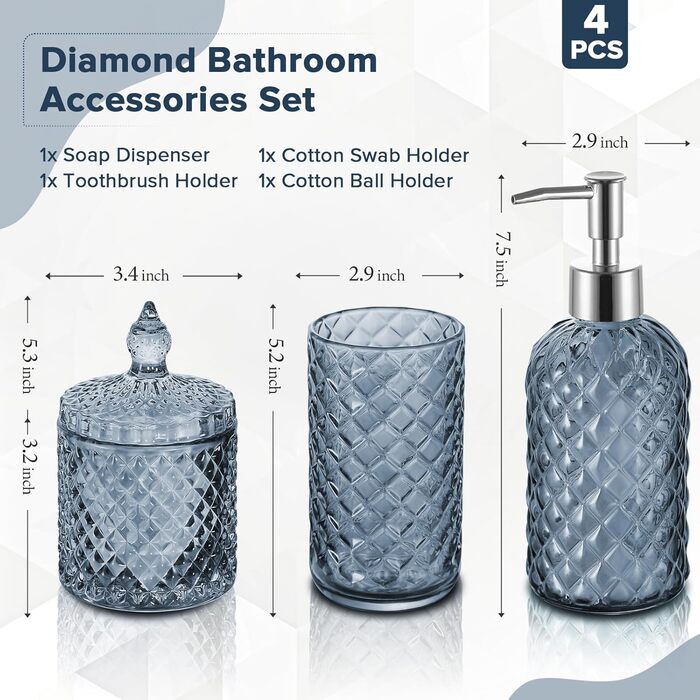 Набір аксесуарів для ванної кімнати з блакитного кришталю, 4 шт.