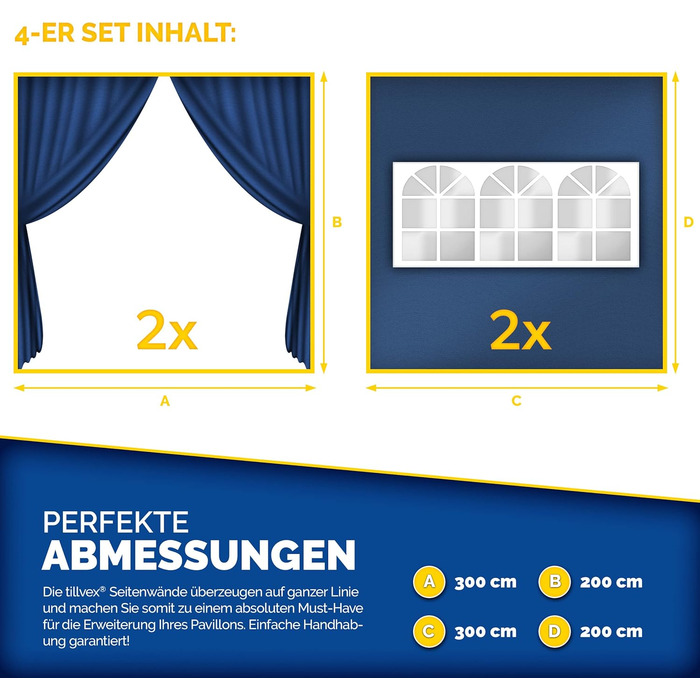tillvex® for 3x3m Pavilion | Folding Pavilion Side Panels Water-Repellent | Side Windows & Zipper | Side Walls for Garden Tent Party Tent (4x Side Wall, Blue)