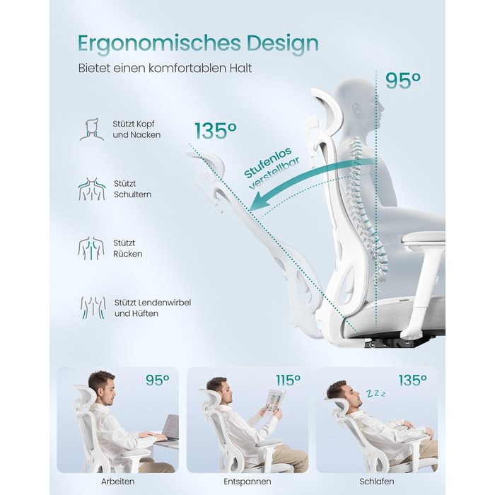 Офісний стіл SONGMICS - ергономічне крісло, комп'ютерне крісло з регульованою поперековою та підголовною підтримкою, до 150 кг, регульована висота, OBN066BH01 (Сірий голуб)