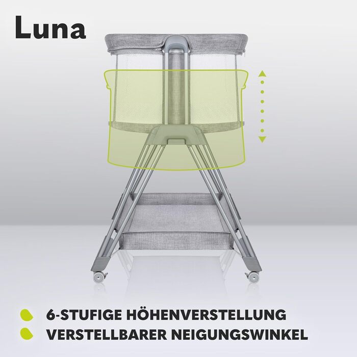 Lionelo Luna Portable Crib with Mattress, Travel Bed, from Newborn to 9 kg, Adjustable in Height and Tilt, 4 Wheels with Brakes, Attachment for Parent's Bed (Gray)