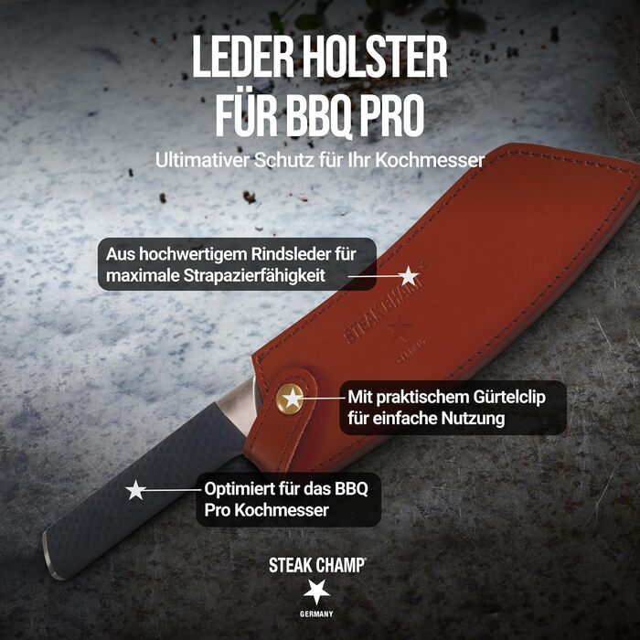 Ніж для стейків Steakchamp 22 см для кухні та BBQ, сталь високої якості, ручне заточування, з антиковзкою ручкою, чохол зі шкіри