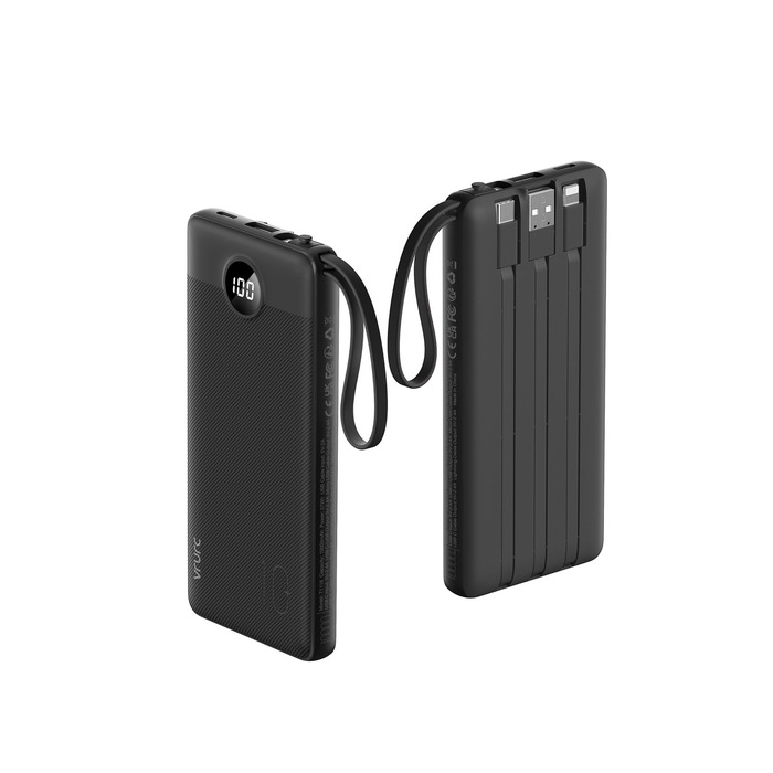 Power Bank VRURC 10000mAh з 4 кабелями, портативний акумулятор USB-C для iPhone/Huawei/Samsung, LED-дисплей, 5 виходів, чорний