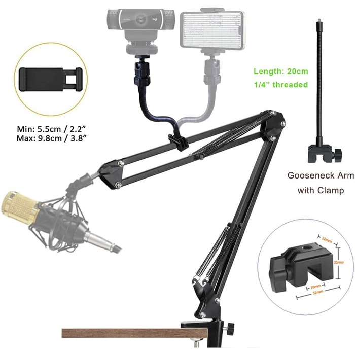 Кріплення для мікрофона на штативі (гусак) 2-в-1 з тримачем для веб-камери та телефону. Сумісний з Blue Yeti, HyperX QuadCast, Logitech C920, C930 та іншими.