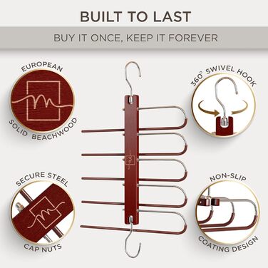 Дерев'яні вішалки для одягу Moralve, 2 шт., для шафи - вішалки для джемперів, хусток, джинсів, економія місця, махагон