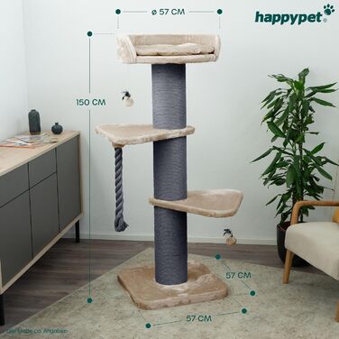 HAPPYPET Преміум Дряпка для котів 'Фредді' – великий котячий комплекс, 150 см, для Мейн-куна, сизаль, товсті стовпчики (20 см) – капучино