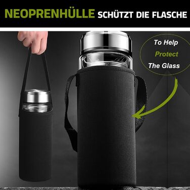 Double-walled glass tea bottle, 1 liter, with 2-in-1 stainless steel strainer for on-the-go use. 1000ml large volume, tea bottle 100% leak-proof, 1 l