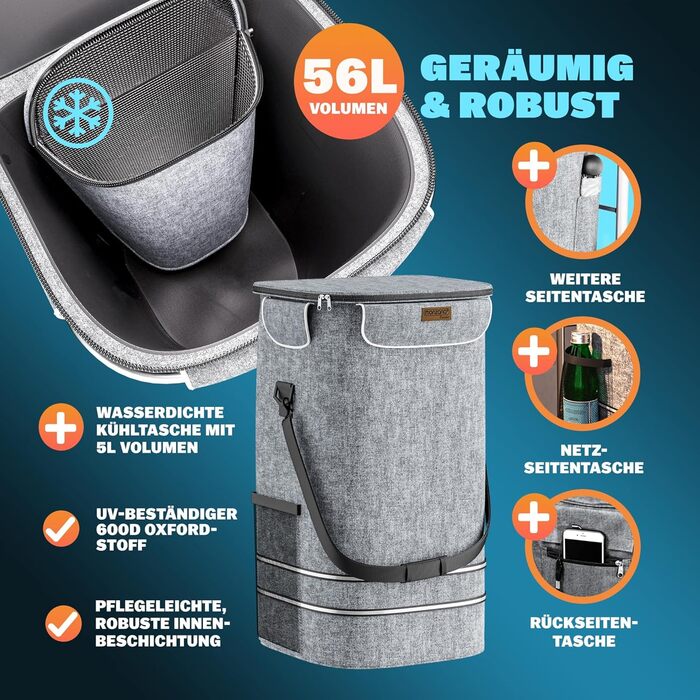 MONZANA® Тріо-тележка для покупок 56л, до 50 кг, складна, знімний мішок, ручний вагончик, допомога у покупках (Сірий)