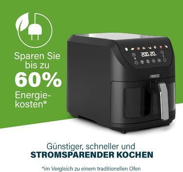 Princess SlimFry Hot Air Fryer 8 L, space-saving, fat-free cooking technology, 8 programs, viewing window, powerful (2000 W) and quiet operation (55 db), Black, Airfryer 01.182258.01.001 COMPACT, SLIM DESIGN 8L