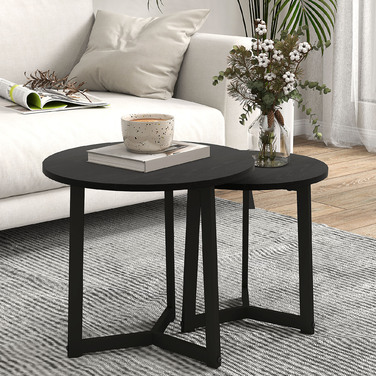 HOMCOM 2-Piece End Table Set, Round Side Table, Coffee Table with Steel Frame, Sofa Table with Modern Design, for Living Room, Holds up to 35 kg, Black | Aosom
