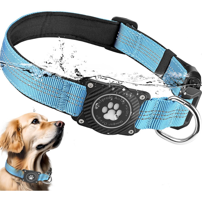 Світловідбиваючий нашийник для Apple AirTag для собак, регульований, водонепроникний, для малих, середніх та великих собак, розмір L (S 27-34.5 см), блакитний