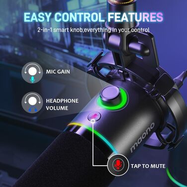 Мікрофон MAONO PD200XS XLR/USB: Набір для стримінгу, запису та геймінгу з RGB підсвіткою, регулюванням гучності та беззвучною кнопкою