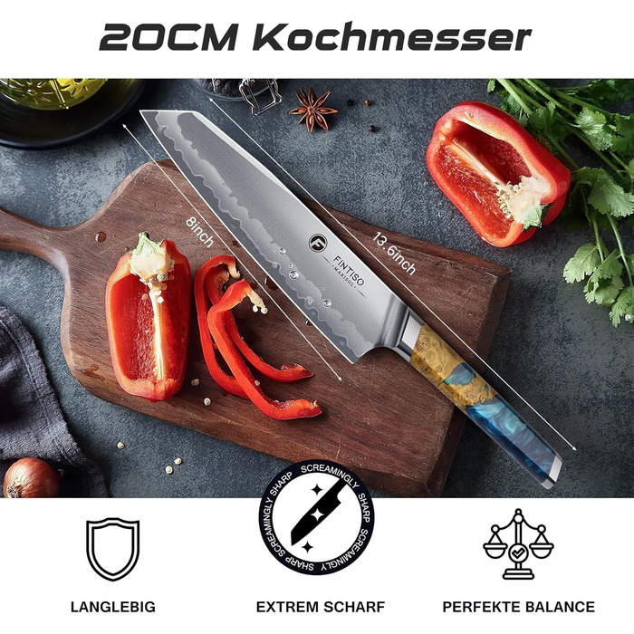 Кухонний ніж FINTISO Kochmesser 20 см, японська сталь S35VN, 7-шаровий дамаск, дерев'яна ручка – ідеальний подарунок