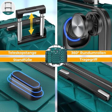Набір валіз KESSER® 4 в 1 | Валізи з ABS, кодований замок, ваговою вагою та органайзером для подорожей | Ручна та велика валіза для бізнесу та подорожей, Petrol