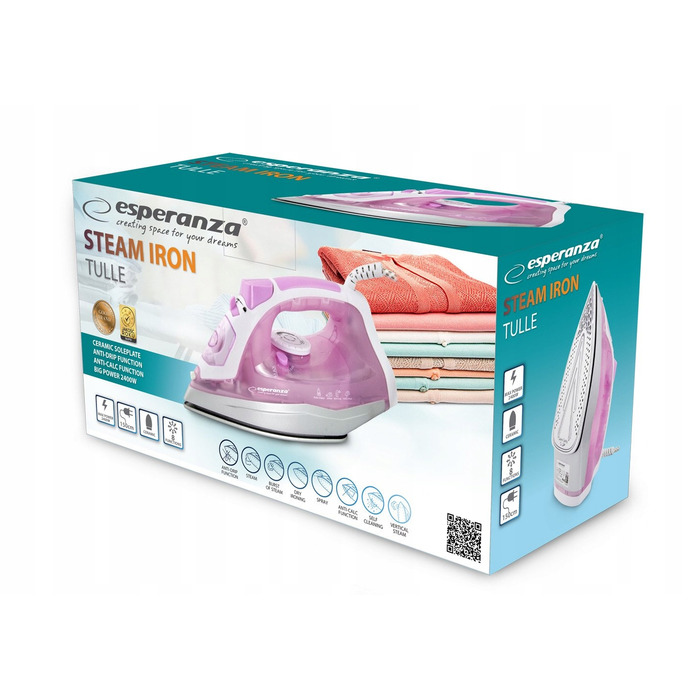 Парова праска Esperanza 2400W, керамічна підошва, система Anti-Drip, рожева