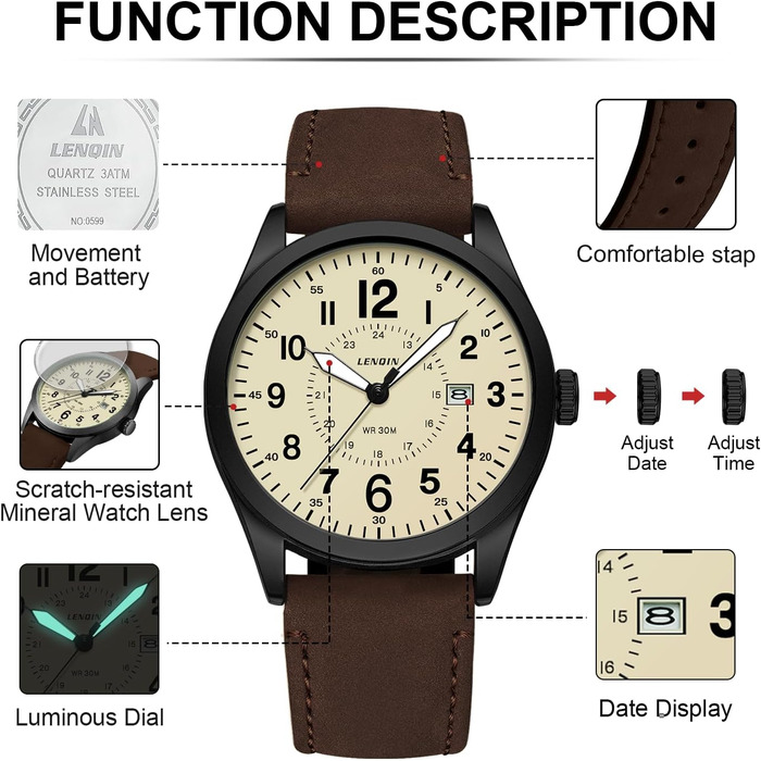 Годинник чоловічий LN LENQIN Military 30M водонепроникні кварцові годинники з датою на текстильному ремінці, тактичні годинники для чоловіків, чорний колір