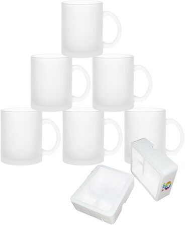 MR.R 11 Unzen Set with 6 Sublimation Blanks - Mug, Milk Glass Becher, Coffee Mugs with Handle for Heat Transfer on Thermo Coatings