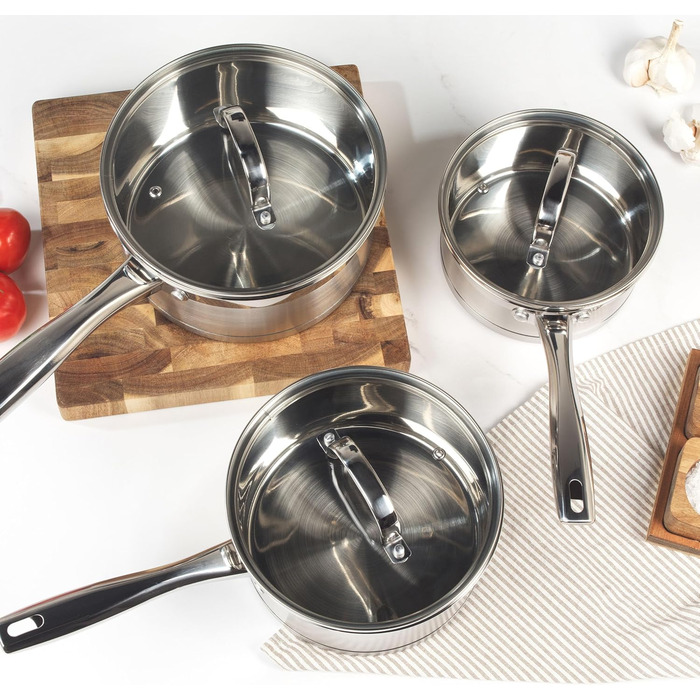 Набір каструль Salter Timeless 3-рівневий паровар з нержавіючої сталі, 18 см, з ручками та скляною кришкою, антипригарне покриття, пароварка для овочів, сумісний з індукційними плитами (3 шт.)