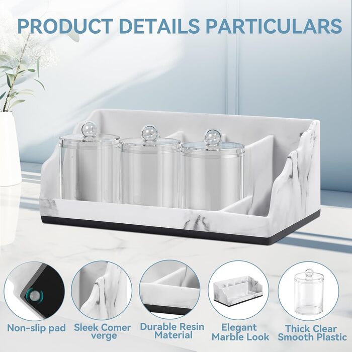 BHeadCat Marble Bathroom Organizer and Storage with 3 Qtip Holders and Drain, Toothbrush Holder for Bathroom, Countertop, Organizer, Cosmetic Organizer