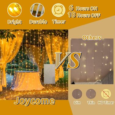 Лампочки-завіса Joycome для декорування приміщень та вулиці, 3м x 3м, 300 LED, 8 режимів, вологостійка, тепле світло, для вікна, балкона, вечірки, намету, весілля, Різдва