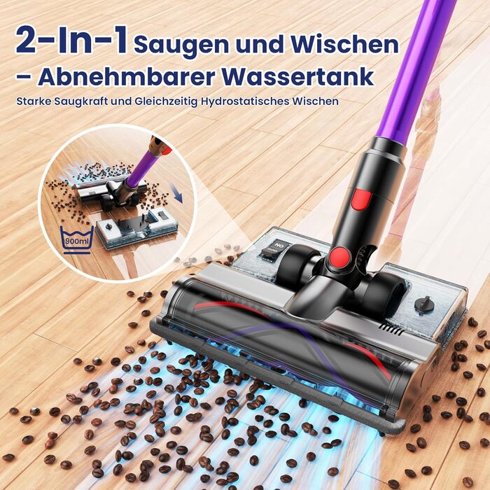Бездротовий акумуляторний пилосос A12 з функцією миття підлоги, 8-в-1, 48Kpa, 550W, 70 хвилин, з сенсорним екраном, об'єм контейнера 1,5 л, док-станція для стін, підходить для килимів, авто, шерсті тварин, фіолетовий