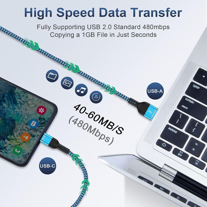 Кабель USB Type-C, 3 шт. (3м+2м+1м) для Samsung, Huawei, Xiaomi: швидка зарядка та передача даних, нейлон