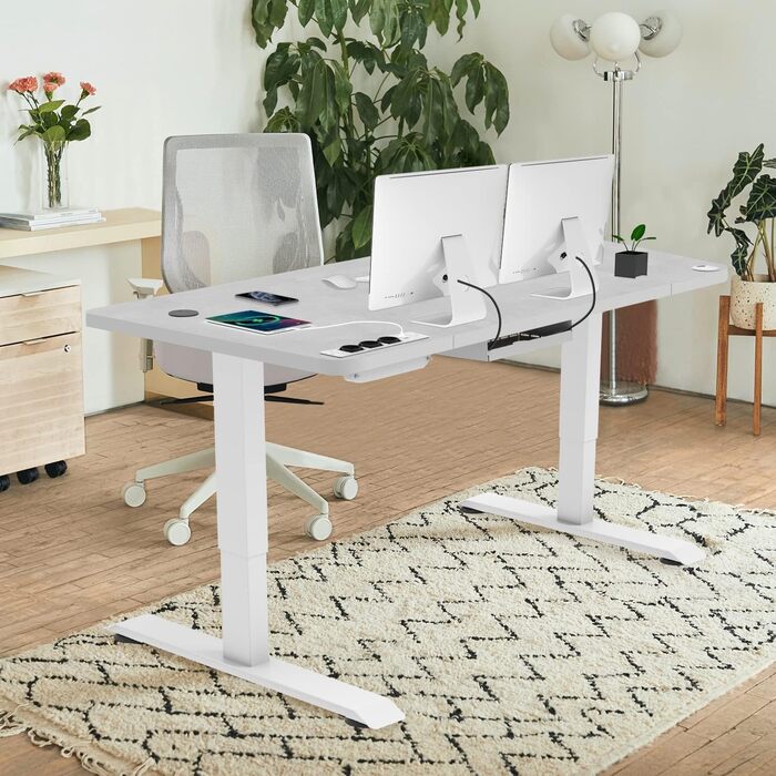 Devoko Adjustable Height Electric Standing Desk with Wireless Charger, Memory Control & Power Outlet - 160x80cm Grey